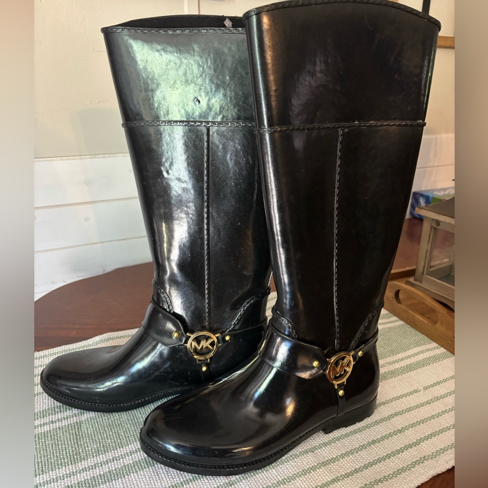 Michael Kors Black Tall Riding Boots with Gold MK Emblem